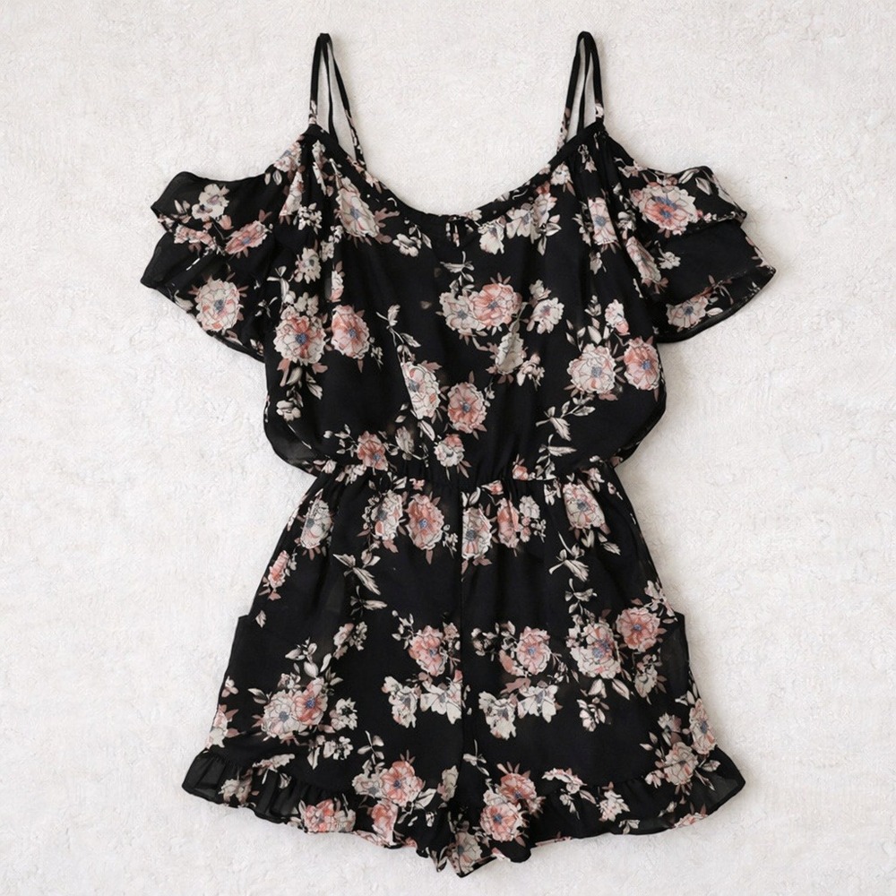 BP Floral Romper XS Black Pink Cold Shoulder Strappy Pocketed Lined